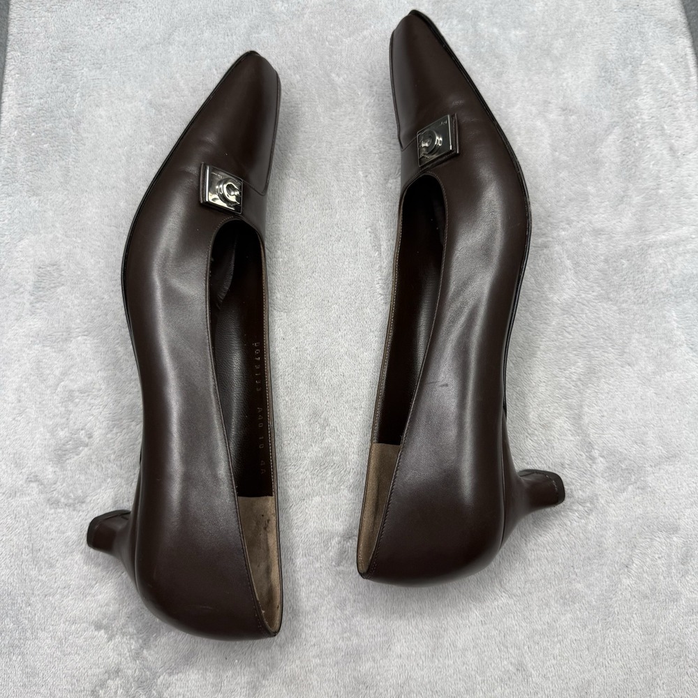 Salvatore Ferragamo Chocolate Brown Leather Square-Toe Pumps - Picture 5 of 8